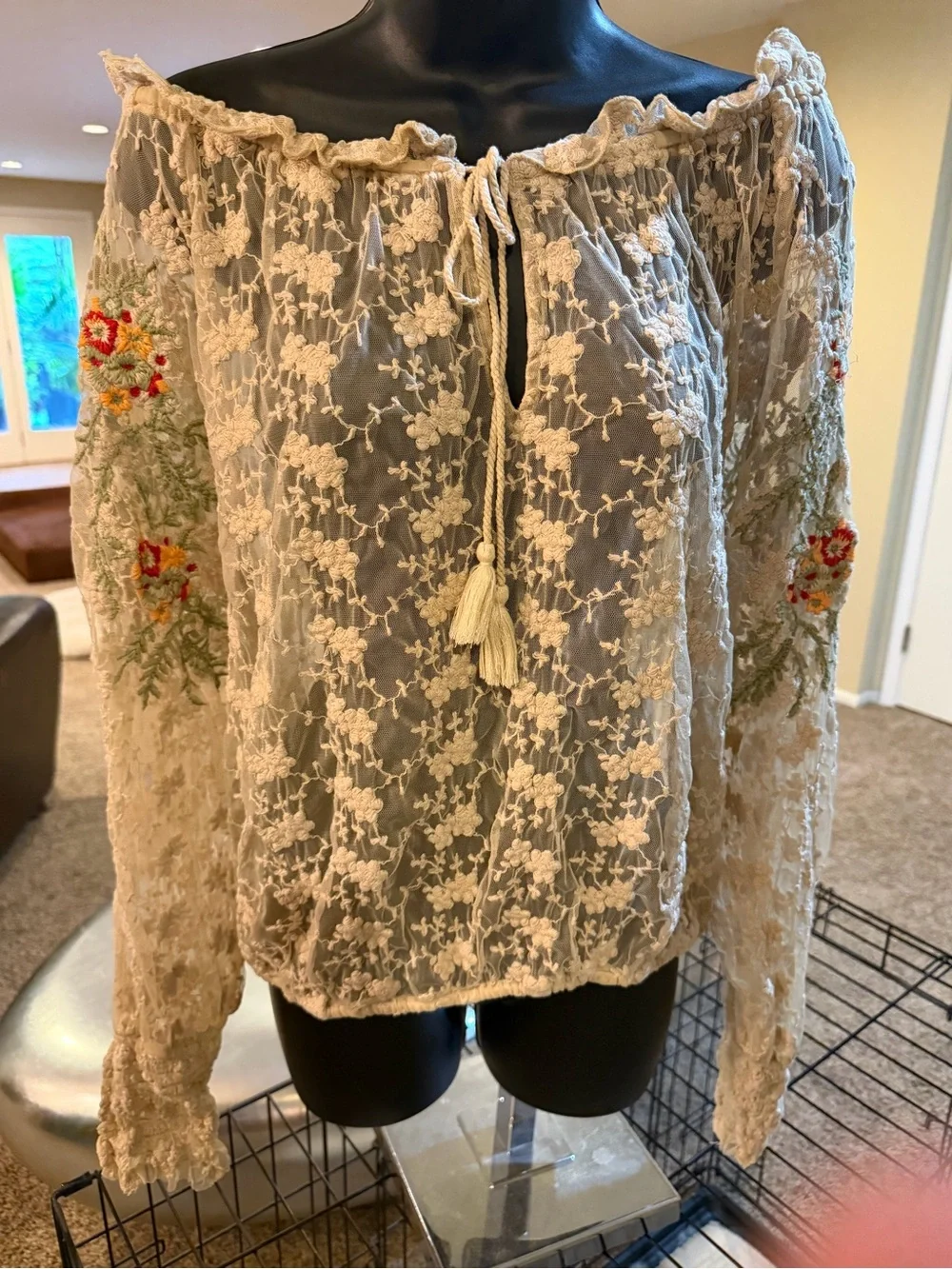 Women’s Free People Lace Peasant Blouse - Cream with Floral Embroidery